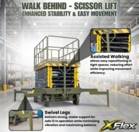 TYPHON xFlex 4065W Walk Behind Scissor Lift 2.7 Ton with Assisted Walking, Manual outriggers of 40 ft lifting Height & 110V Electric